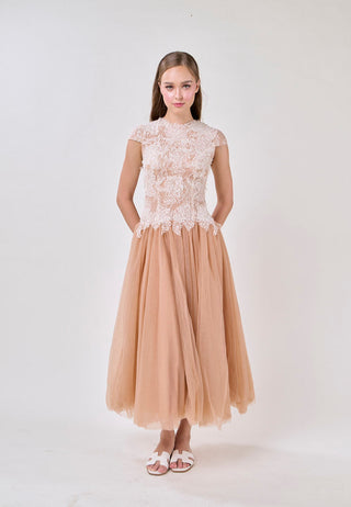 elvira Sequin lace crochet patchwork mesh maxi dress in brown