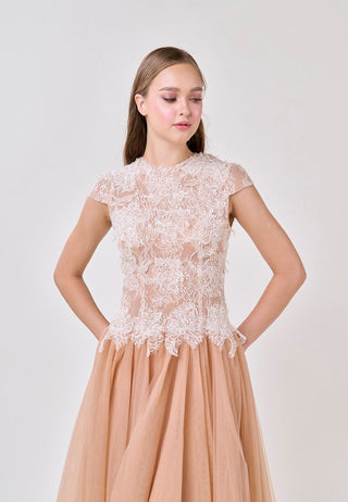 elvira Sequin lace crochet patchwork mesh maxi dress in brown