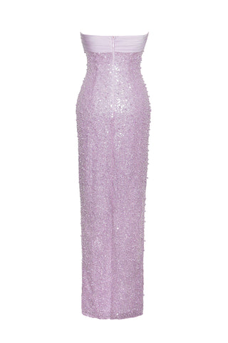 PINK SATIN SEQUIN PEARLS BEADED MAXI DRESS