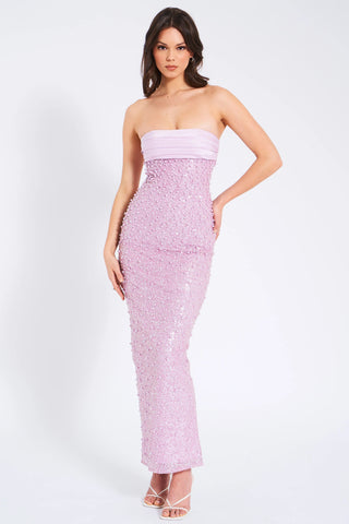 PINK SATIN SEQUIN PEARLS BEADED MAXI DRESS