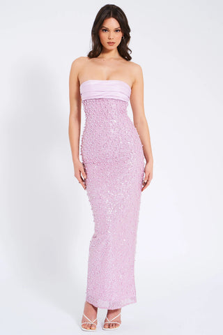 PINK SATIN SEQUIN PEARLS BEADED MAXI DRESS
