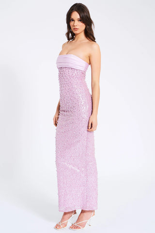 PINK SATIN SEQUIN PEARLS BEADED MAXI DRESS