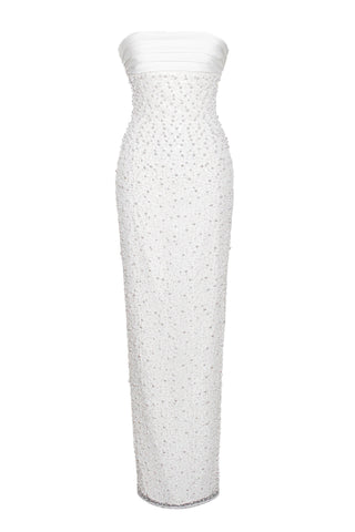 WHITE SATIN SEQUIN PEARLS BEADED MAXI DRESS