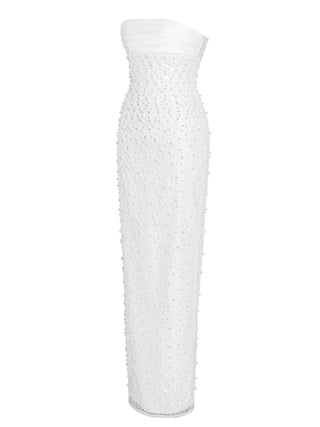 WHITE SATIN SEQUIN PEARLS BEADED MAXI DRESS