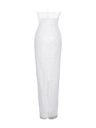 WHITE SATIN SEQUIN PEARLS BEADED MAXI DRESS