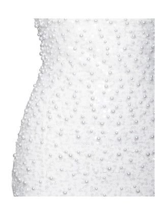 WHITE SATIN SEQUIN PEARLS BEADED MAXI DRESS