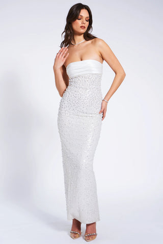 WHITE SATIN SEQUIN PEARLS BEADED MAXI DRESS
