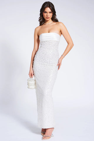 WHITE SATIN SEQUIN PEARLS BEADED MAXI DRESS