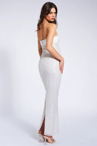 WHITE SATIN SEQUIN PEARLS BEADED MAXI DRESS