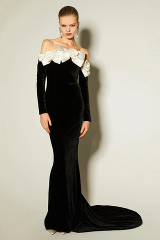 Lara Bowtie Off-shoulder Velvet Maxi Dress