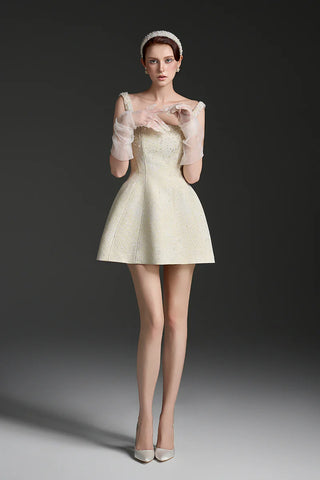 cora light yellow silk lined lacquered brocade mini dress