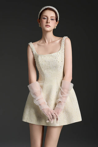 cora light yellow silk lined lacquered brocade mini dress