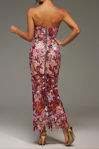 arabela CHACHI RED STRAPLESS FLOWER EMBROIDERY MAXI DRESS