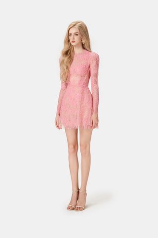 Pink Beaded Lace Mini Dress