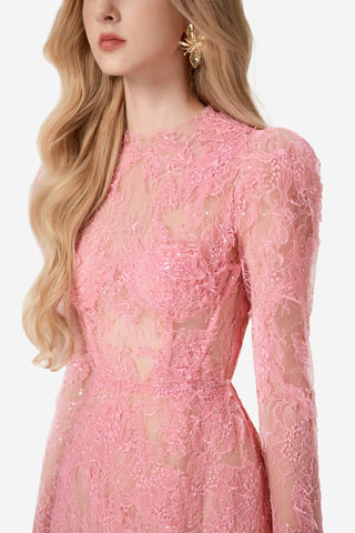 Pink Beaded Lace Mini Dress