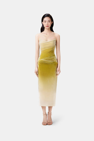 ruched velvet strapless midi dress in green gradient