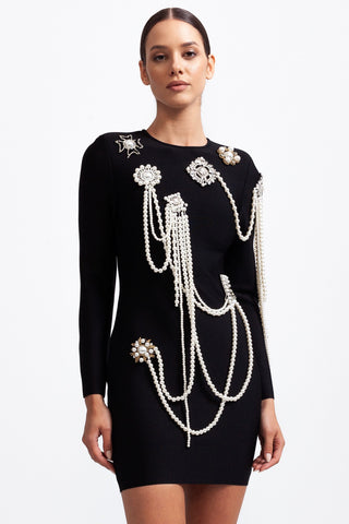 Long Sleeve Diamond Pearls Dress - Black