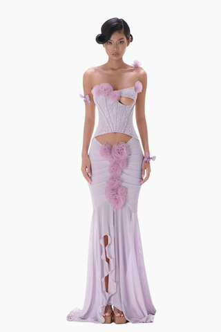 sigrid 3d flower strapless fishtail maxi dress in purple