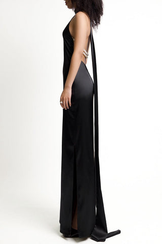 Maelis Pearl Satin Halter Maxi Dress - Black