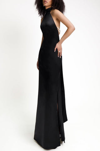 Maelis Pearl Satin Halter Maxi Dress - Black