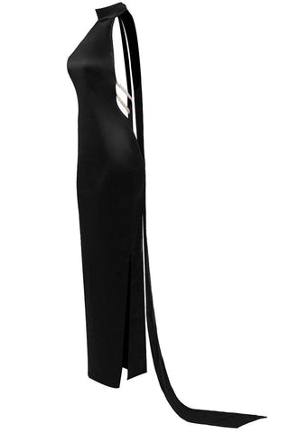 Maelis Pearl Satin Halter Maxi Dress - Black