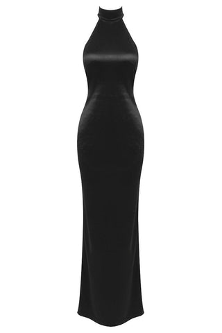 Maelis Pearl Satin Halter Maxi Dress - Black