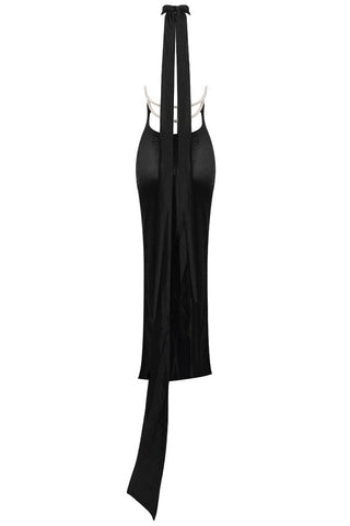 Maelis Pearl Satin Halter Maxi Dress - Black