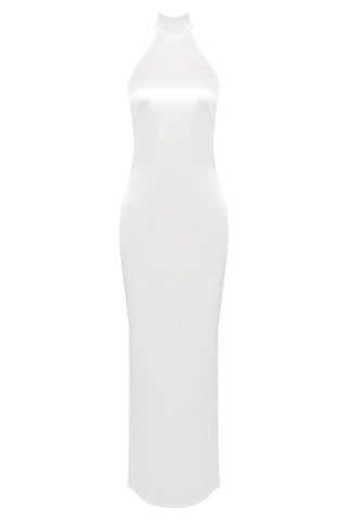 Maelis Pearl Satin Halter Maxi Dress - White