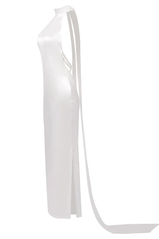 Maelis Pearl Satin Halter Maxi Dress - White