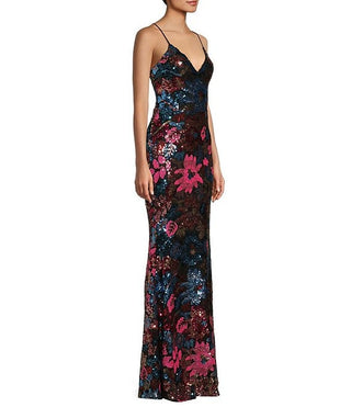 Midnight Doll Floral Sequin V-Neck Lace-Up Back Long Dress