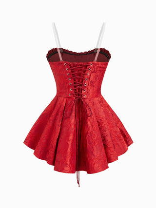 Jacquard Floral Lace-up Mini Dress in red