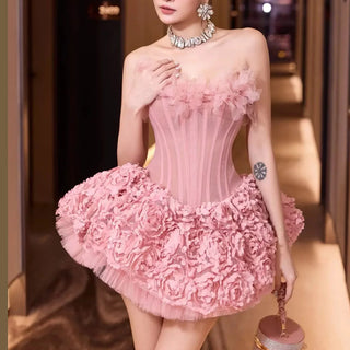 alberta 3d Flower Strapless Mini Dress in pink