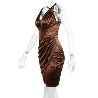 SATIN CORSET MINI DRESS IN CHOCOLATE