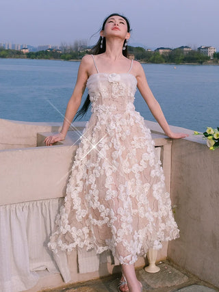 Leah White/Beige Sleeveless  Flower Dress