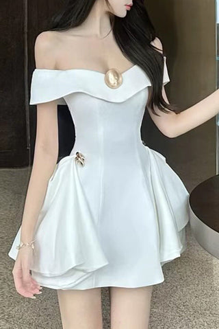 metal detail a-line off-shoulder mini dress in white