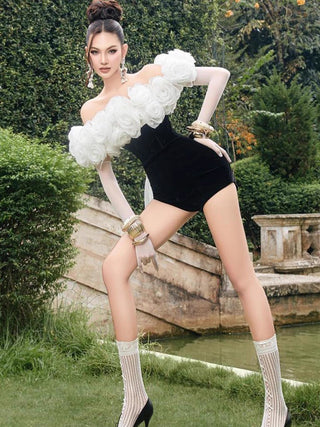 off-shoulder 3D flower bodycon jumpsuit in black