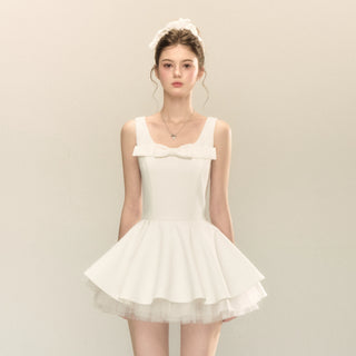 spliced mesh puffy mini dress