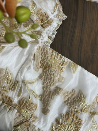 gold jacquard square neck puff sleeves puffy mini dress