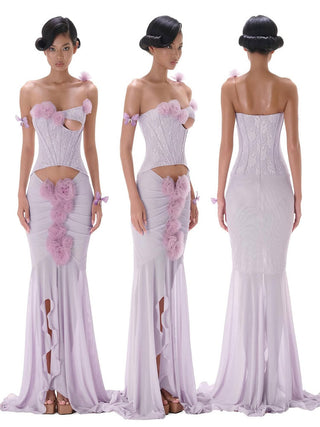 sigrid 3d flower strapless fishtail maxi dress in purple