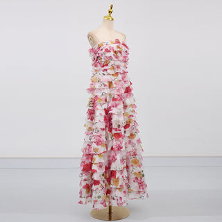 cathy floral print Pleated layer strapless maxi dress in pink