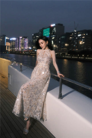 Gold Couture with Floral Embroidery Sequin Banquet Dress