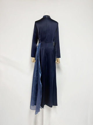 crystal flower Long-sleeve lace pleated maxi dress in blue