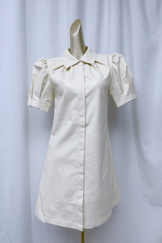 White lapel collar leather puff sleeves mini dress