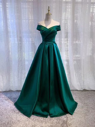 Simple green satin off shoulder dress