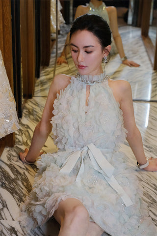 Pastel Green Ribbon Floral wedding guest bridal Dress