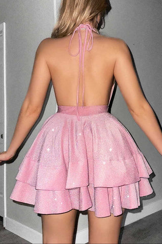 virginia A Line Halter  Tiered mini Dress in pink