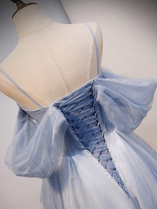 A-Line Off Shoulder Tulle Gray Blue Dress