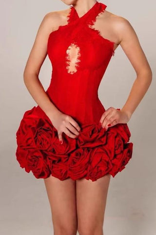 louise Halter Neck Flower Bandage Mini Dress in red