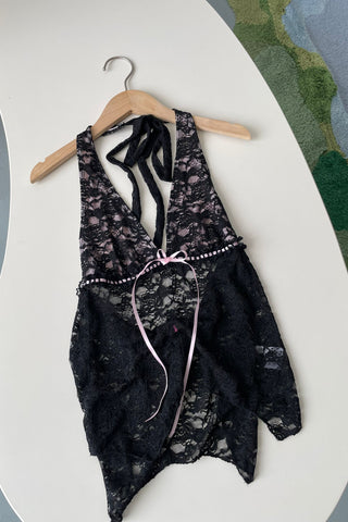 backless Sheer Lace Halter Top in black