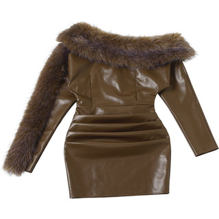 sibyl Leather fur collar asymmetrical mini dress in brown